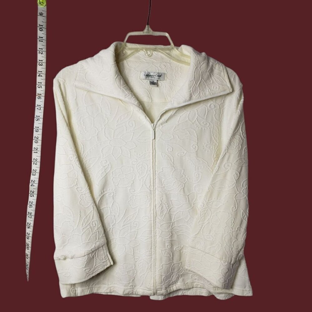 Coldwater Creek Womens Textured Floral Zip-Up Jacket Cream Size Medium